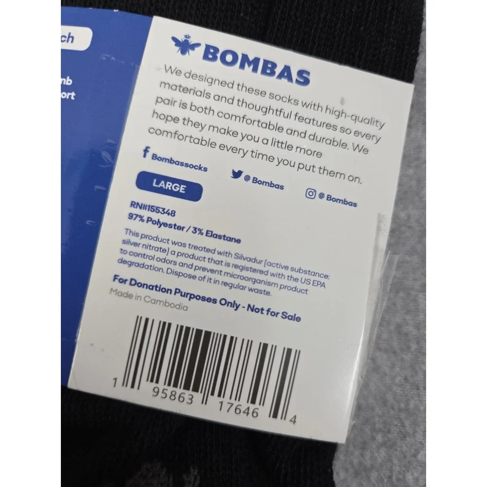 BOMBAS Black Crew Socks Honeycomb Poly Blend Unisex L Cushioned Comfort NEW